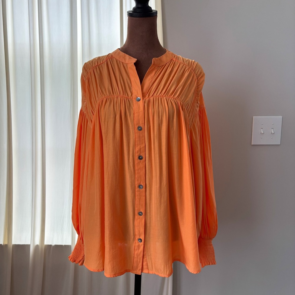Entro Bright Apricot Orange Puff Sleeve Blouse Button Front Semi Sheer Size S
